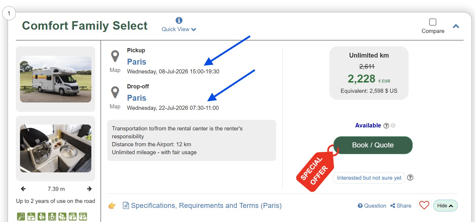 When do you pick up and return Campers for rental at Holand